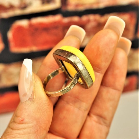 BIG EGG YOLK AMBER STERLING SQUARE RING SIZE 7.5, GIFT FOR WOMEN, UNISEX RING - Picture 8 of 10